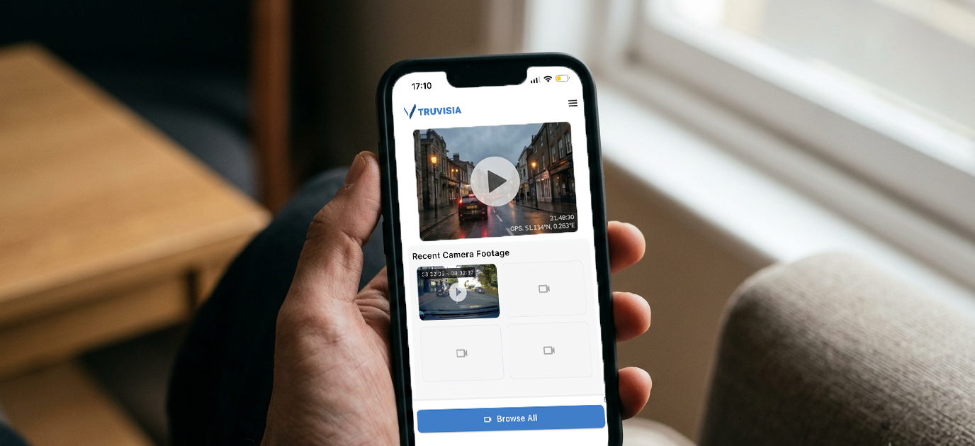 TruVisia app showing live dash cam footage on a phone