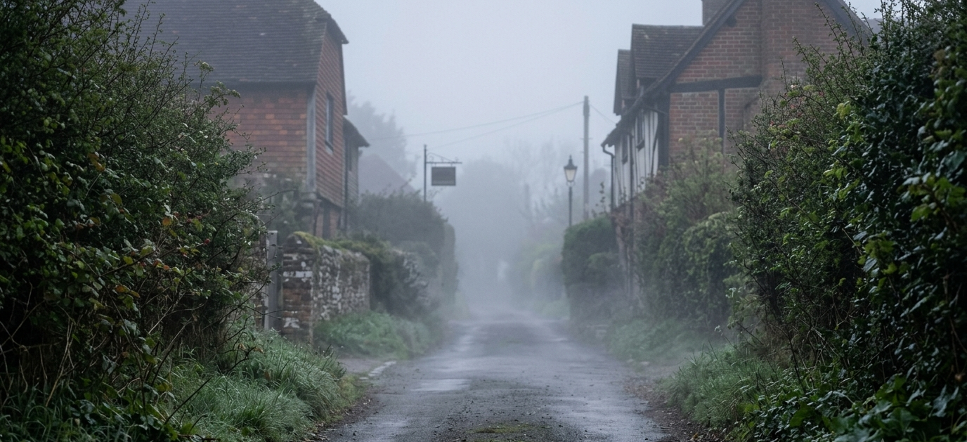 Misty British village lane
