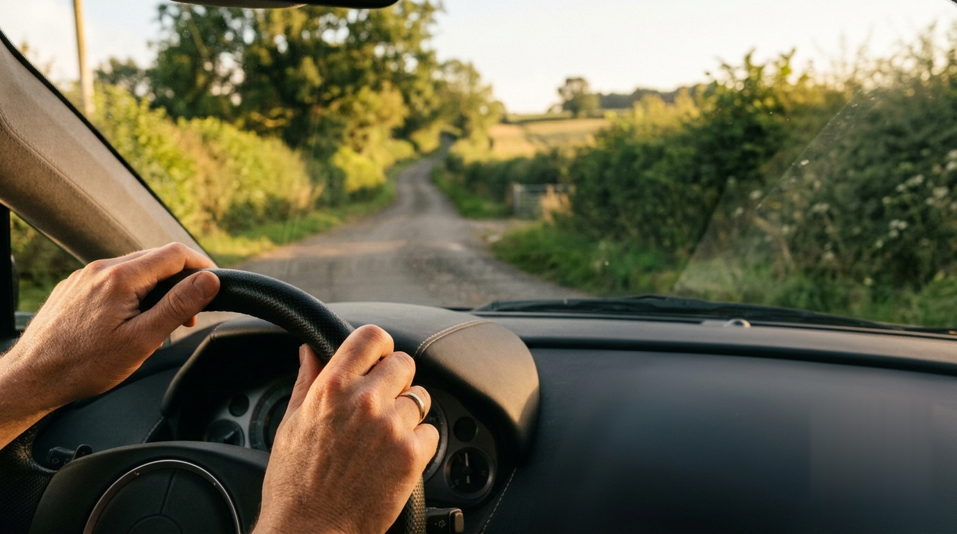 Hands on the steering wheel on a country lane at golden hour