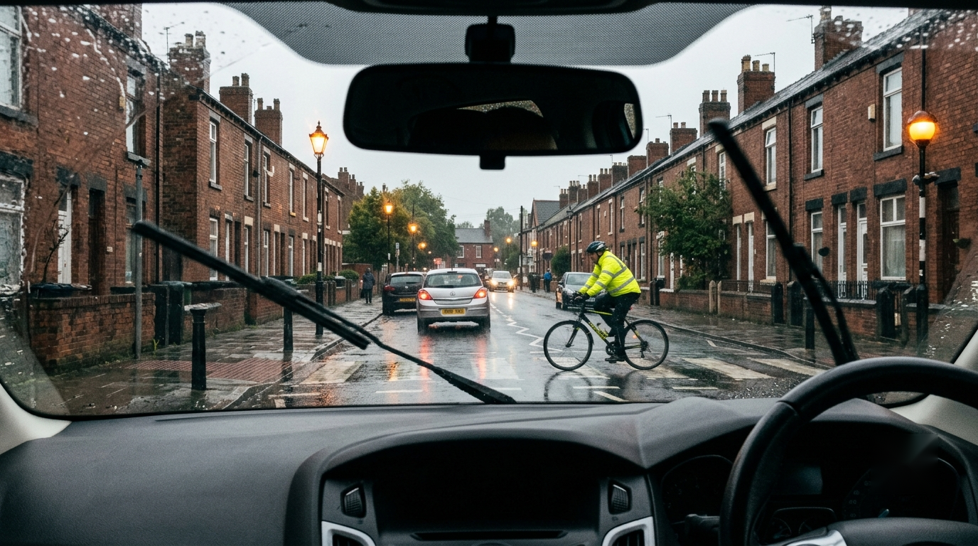 Cyclist emerging between parked cars